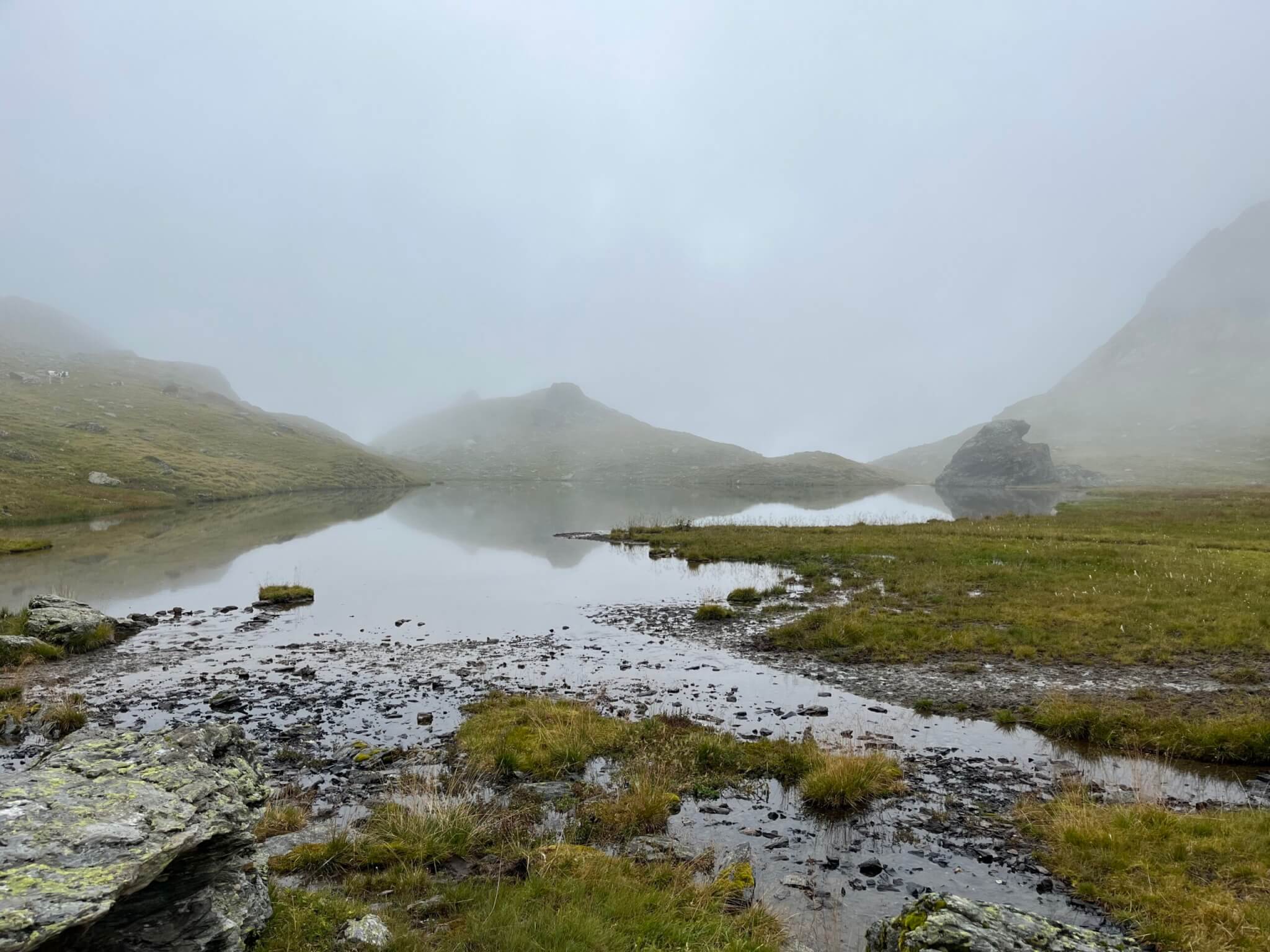 Überschwemmte Wanderwege bei Nebel